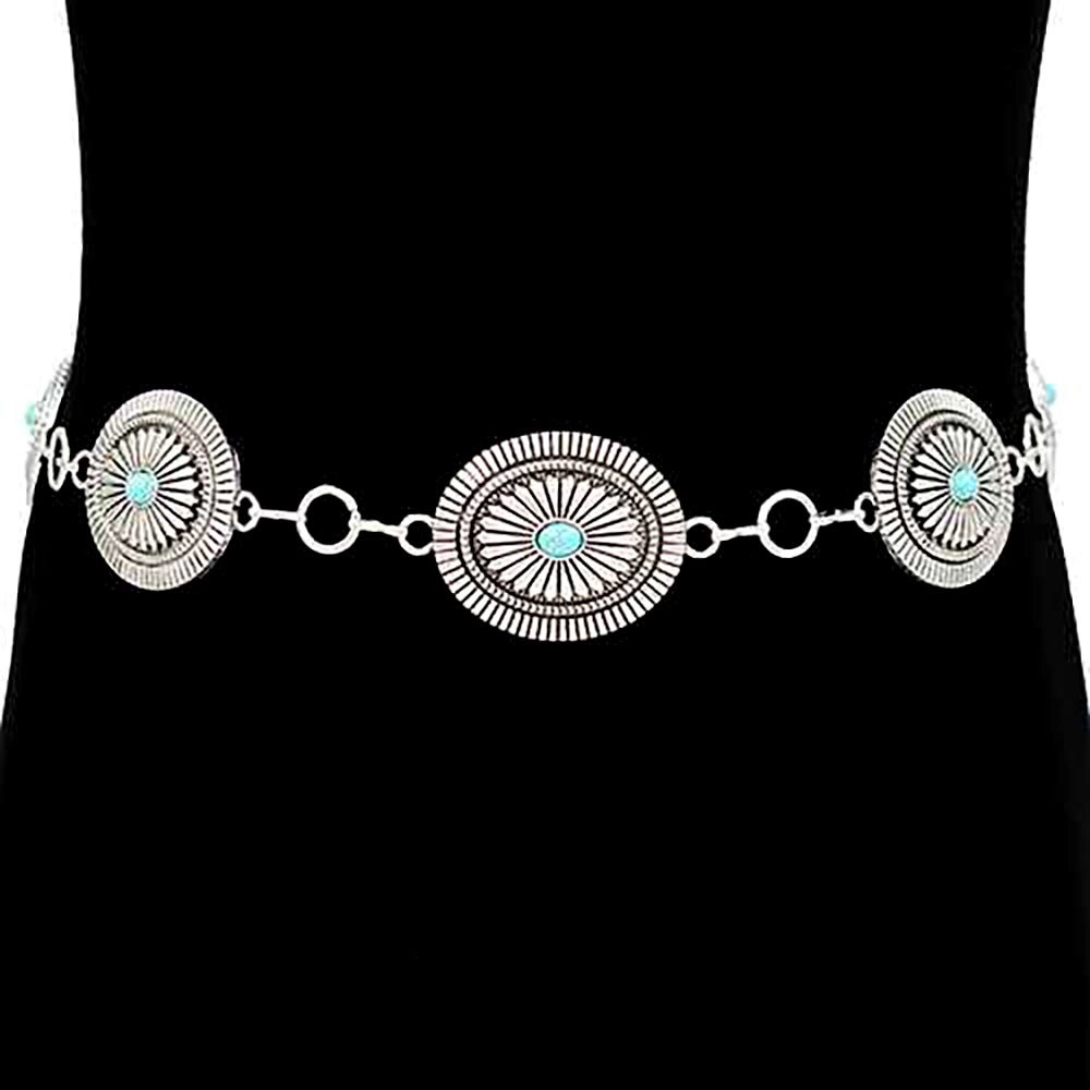 Silver Boho Vintage Western Turquoise Stone Concho Statement Belt